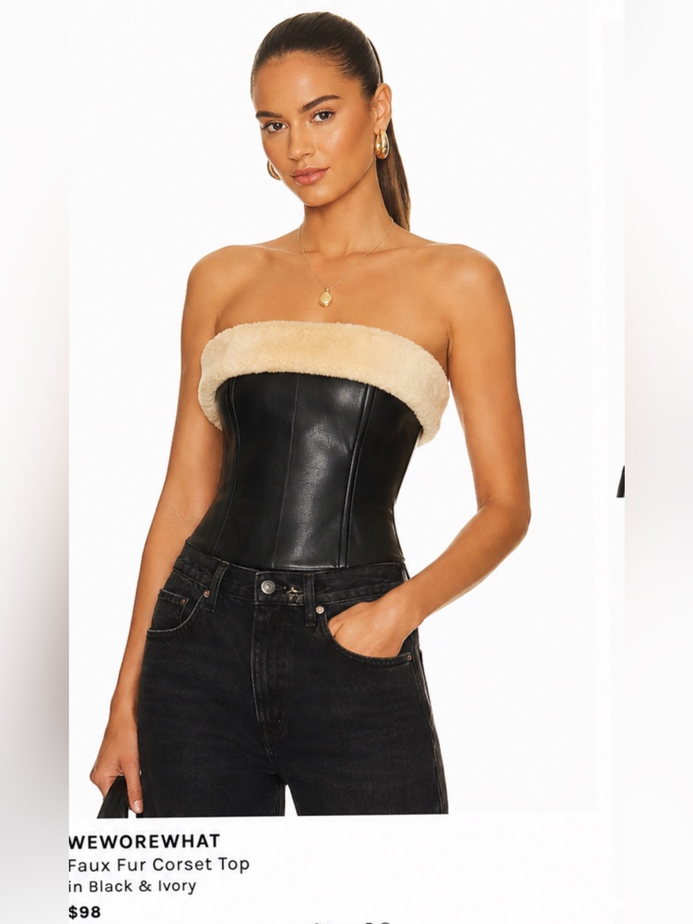 WeWoreWhat Black Faux-Leather Corset Top with Ivory Trim